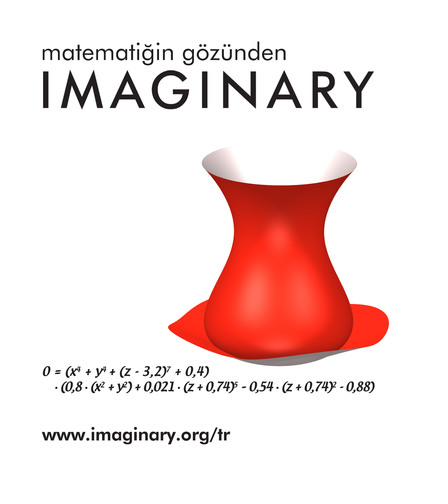 A red Turkish tea glass on its saucer, drawn as a mathematical surface, under the words &lsquo;matematiğin gözünden IMAGINARY&rsquo; and above its equation.