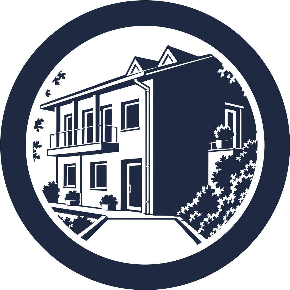 The centre's first home drawn inside a circle: a two-storey house with a balcony and two dormers, among trees on a slope.