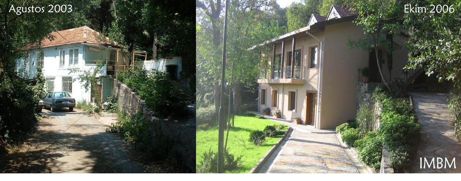 The same house twice: in August 2003, old and overgrown, with a tiled roof and a car in the lane; in October 2006, renovated, with dormer windows, a balcony and a new garden.